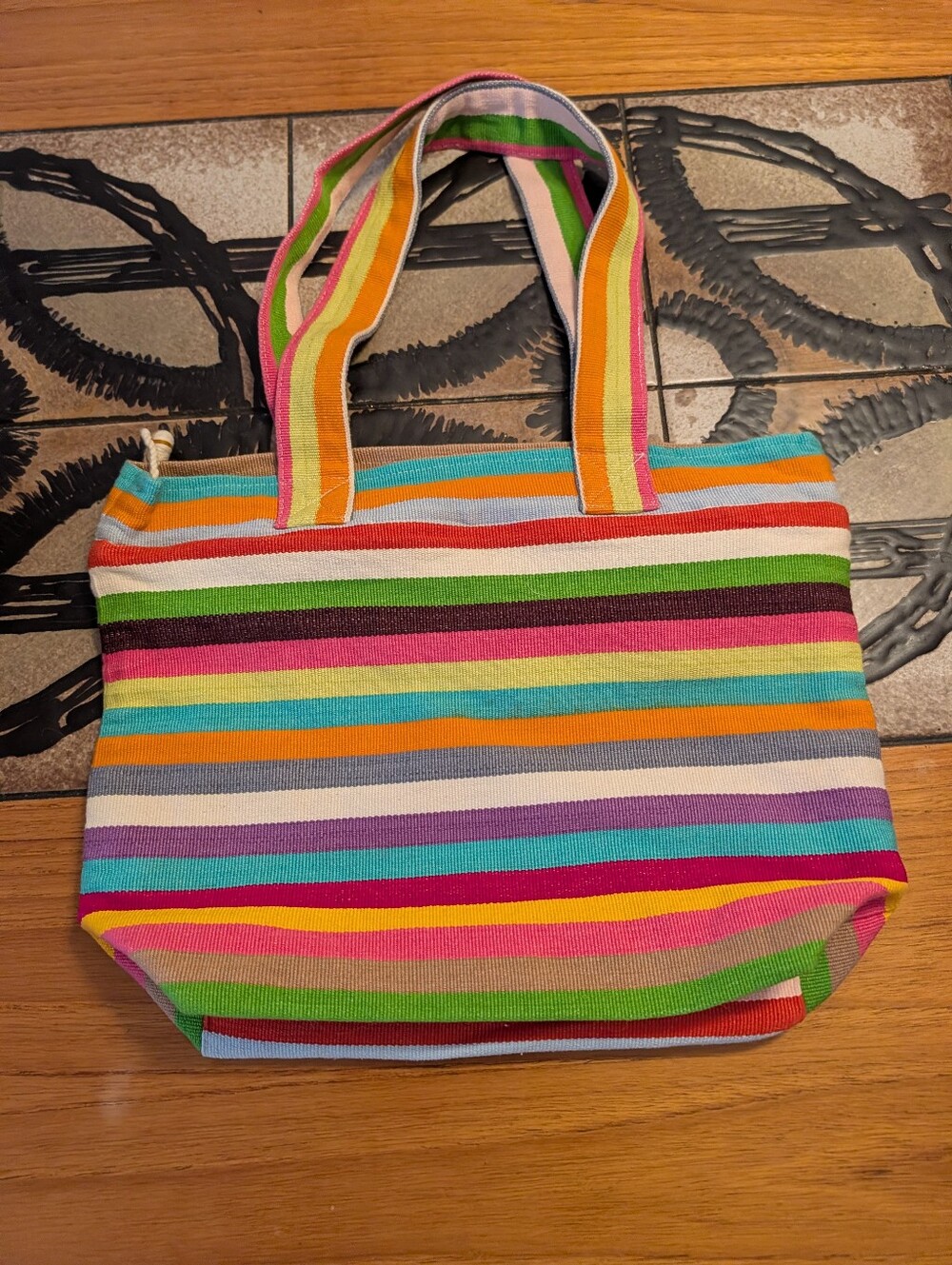 Vintage Y2K 2000s Stripped Rainbow Multi Color Cotton Mini Tote Bag Beach Vtg